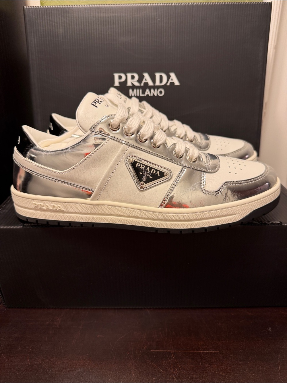 Prada White & Silver Leather Low-Top Sneakers